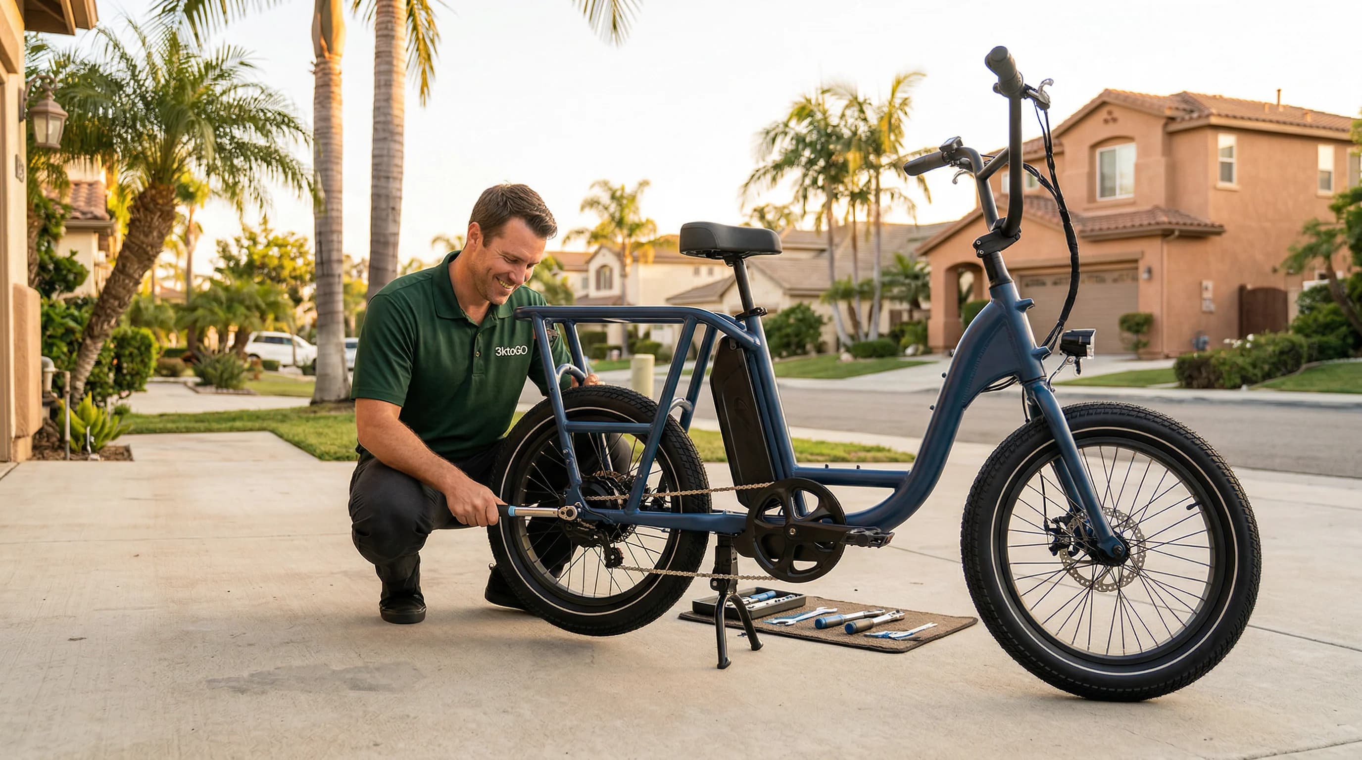 3KtoGO technician servicing an e-bike in an Orange County driveway